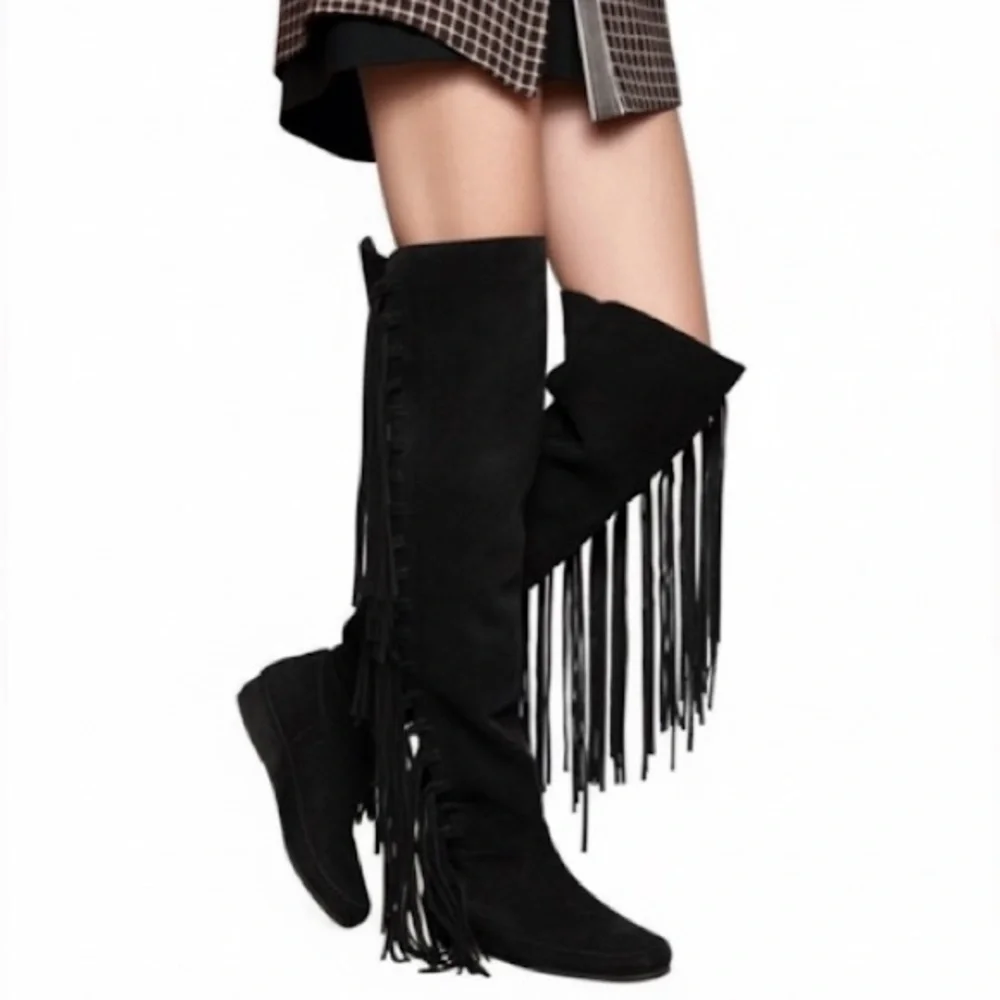 NIB ETRO Suede Fringe Over The Knee Moccasin Boot Black Sz 36